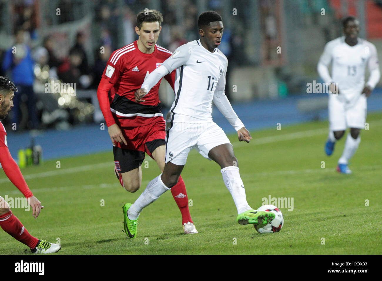 Stade Josy Barthel, Luxemburg Stadt, Luxemburg; WM 2018 Qualifikation Weltfußball, Luxemburg und Frankreich; Ousmane Dembélé, Frankreich. 25. März 2017. in Aktion Credit: Laurent Lairys/Agence Locevaphotos/Alamy Live News Stockfoto