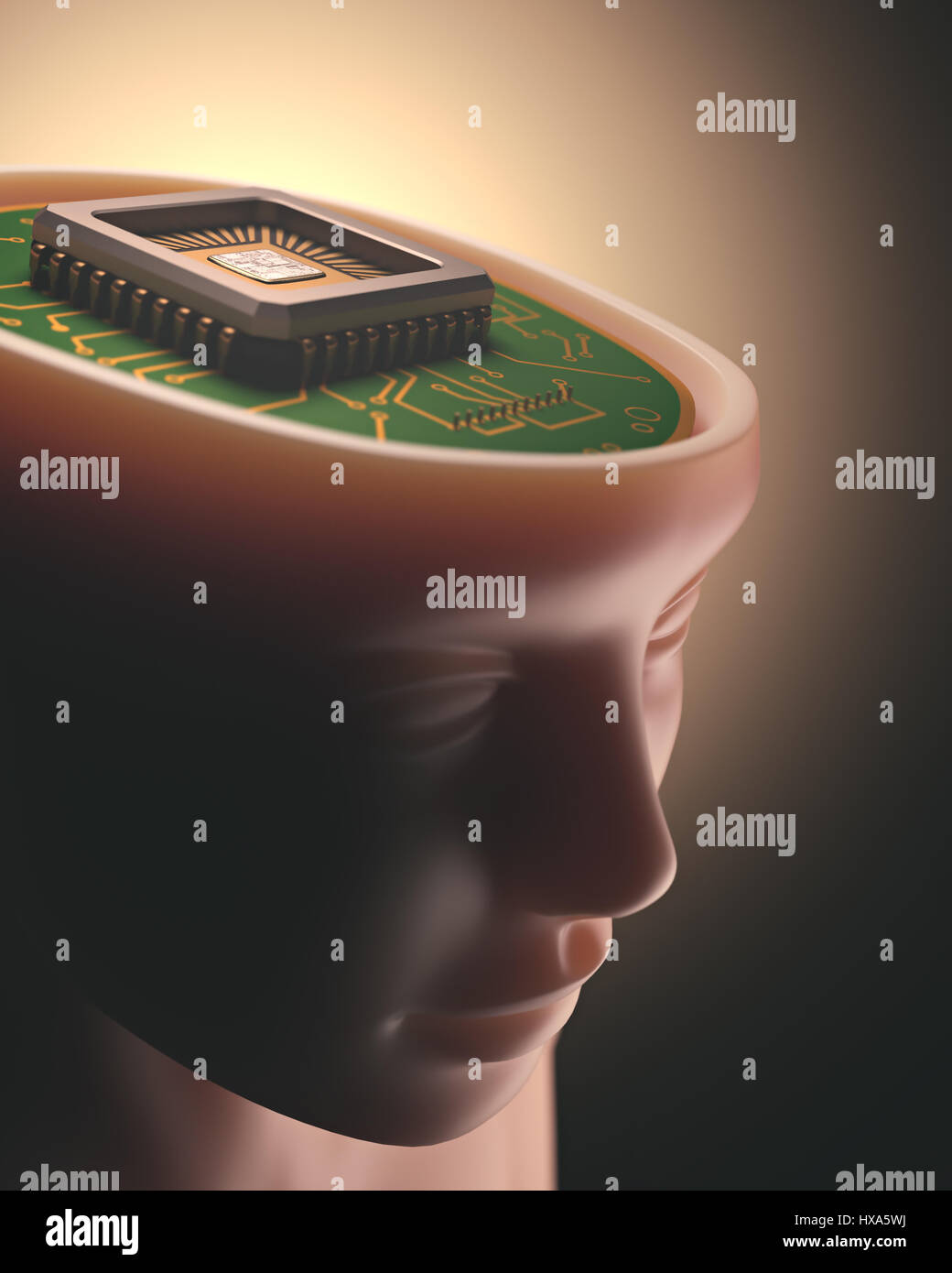 3D Illustration. Mikroprozessor in den Kopf. Konzept von Wissenschaft und Technik. Stockfoto