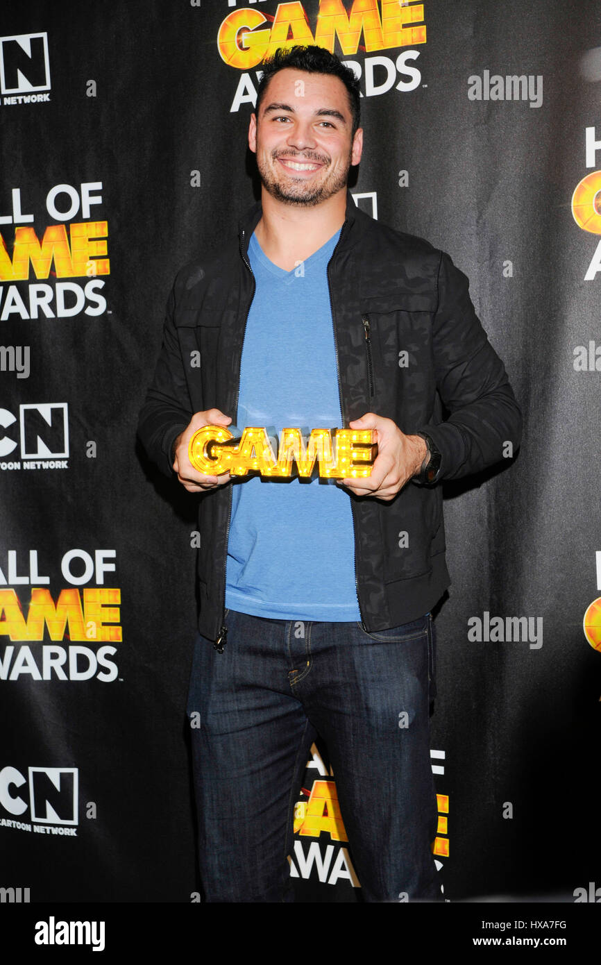 Joseph Fauria besucht Cartoon Network Hall of Game Awards Presseraum Barker Hangar am 15. Februar 2014 in Santa Monica, Kalifornien. Stockfoto