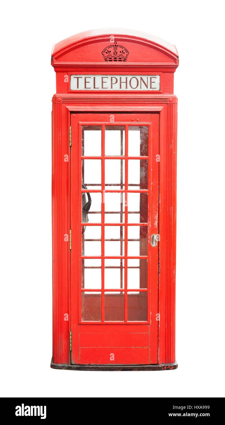 Traditionelle Telefonzelle in London, Vereinigtes Königreich. isoliert auf weißem Hintergrund Stockfoto
