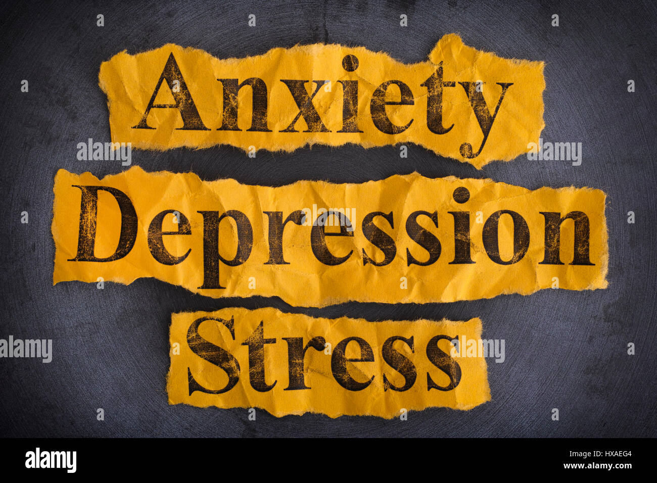 Worte, Angstzustände, Depressionen und Stress. Konzept-Bild. Stockfoto