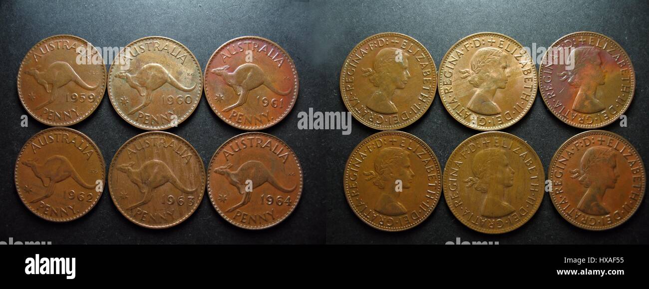 Die letzten sechs prägte Queen Elizabeth 11 Vintage Pre-decimal Münzen. Australische Pfennige mit der Rückseite anzeigen das australische Känguru. Stockfoto
