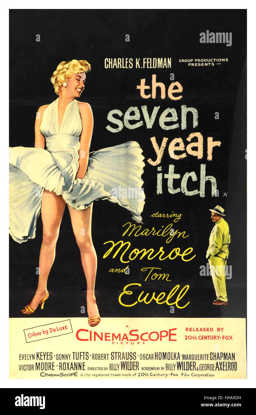 Retro Vintage motion picture 1950er Film Kino Plakat für Marilyn Monroe in "Das verflixte Siebte Jahr" Das verflixte siebte Jahr ist eine 1955 amerikanische romantische Komödie Film basiert auf drei - spielen mit dem gleichen Namen von George Axelrod. Der Film wurde Co-geschrieben und von Billy Wilder geleitet, und Sterne Marilyn Monroe, Tom Ewell Stockfoto