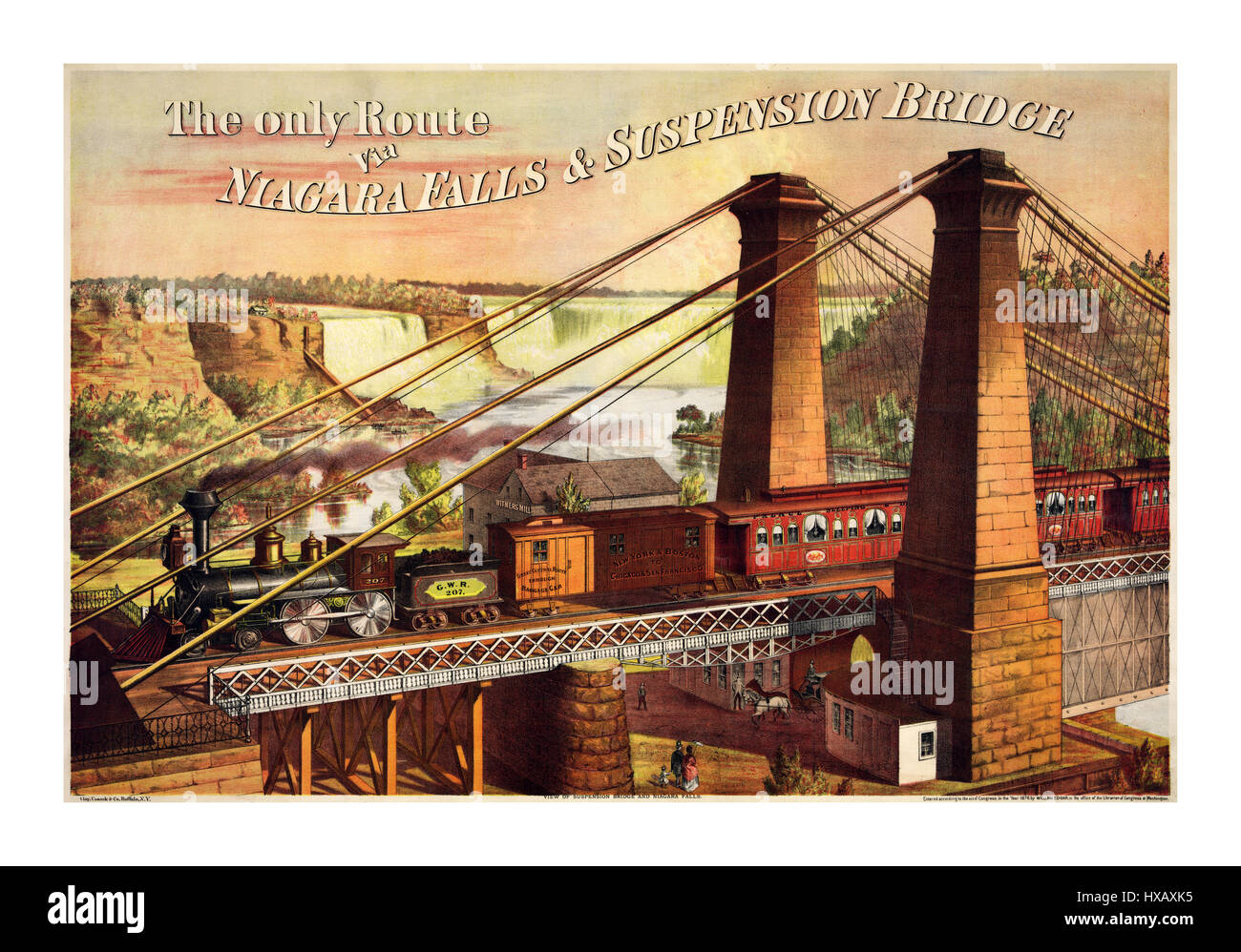 1876 Vintage Poster Niagara Falls und Hängebrücke mit Great Western Railway Motor und Kutschen im Vordergrund von William Edgar Stockfoto
