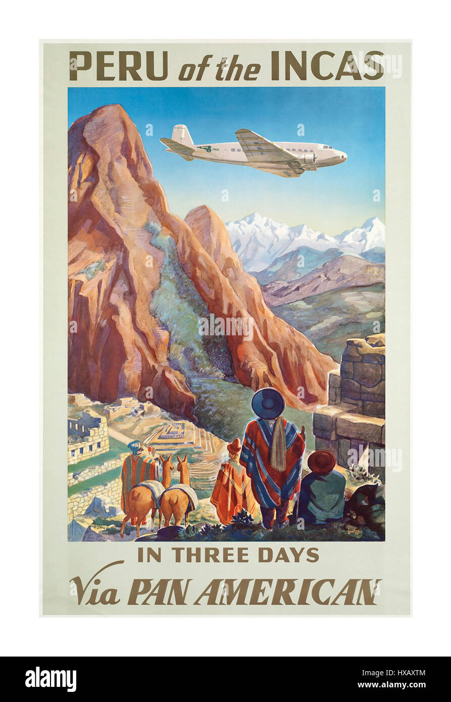 Vintage retro Travel Poster für Peru der Inkas über Pan am Pan American Airways Stockfoto