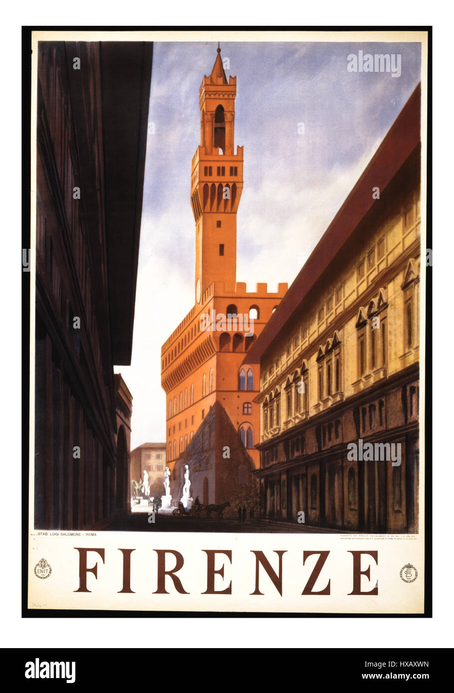 Vintage Retro-Reise-Plakat für Firenze Florenz mit Palazzo Vecchio, das Rathaus von Florenz-Toskana-Italien Stockfoto