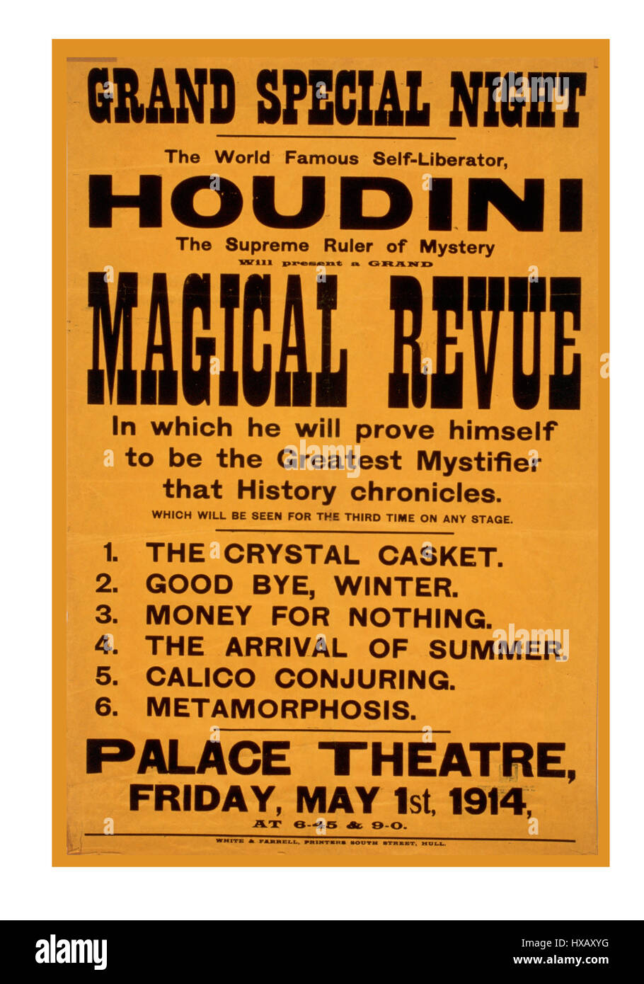 Vintage Retro-Theater-Plakat für Houdini in einer großen spezielle Nacht der magischen Revue Palast-Theater 1. Mai 1914 Stockfoto