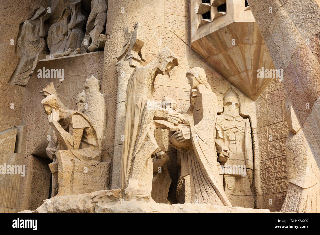 Detail von der Leidenschaft Fassade von Gaudis La Sagrada Familia, Barcelona, Katalonien, Spanien. Stockfoto