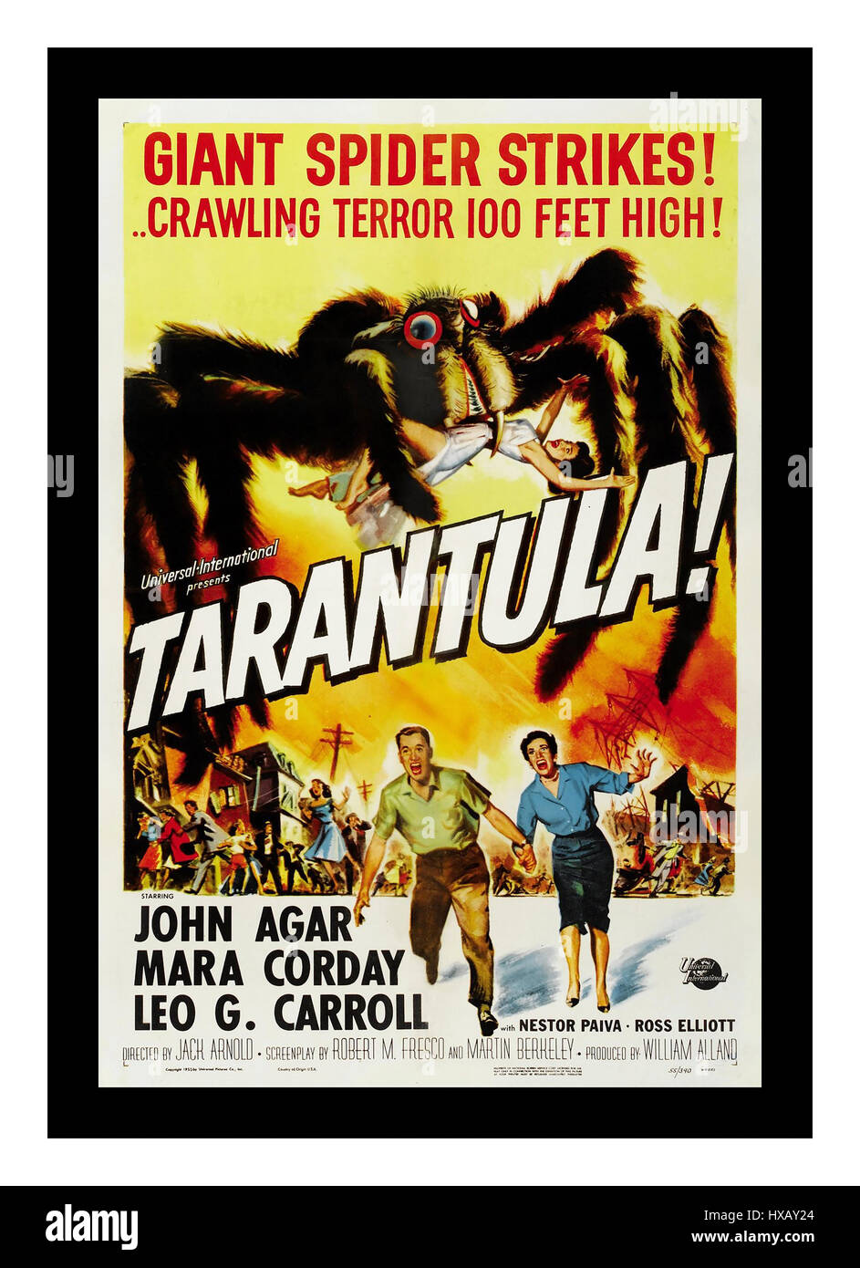 TARANTULA Vintage Retro-Poster für „Tarantula“ ein amerikanischer Science-Fiction-Film aus dem Jahr 1955 von Universal-International, produziert von William Alland, Regie Jack Arnold, in dem John Agar, Mara Corday und Leo G. Carroll spielen. Stockfoto