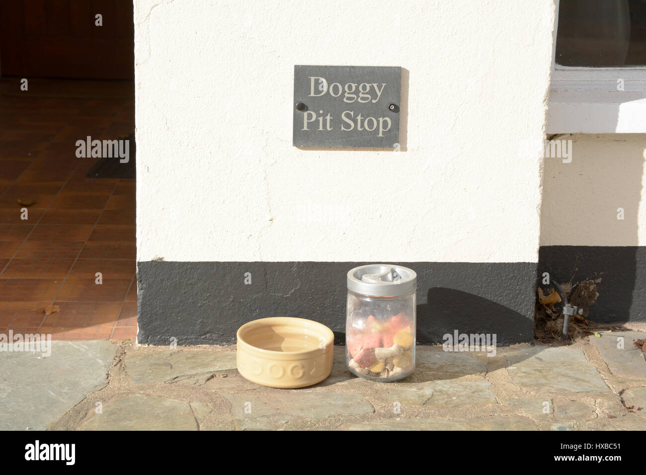 Doggy Pit Stop-Schild mit Hunden Schüssel voll Wasser und Hundekekse in einem Glas für die Übergabe von Hundehalter, ihre Hunde zu aktualisieren Stockfoto