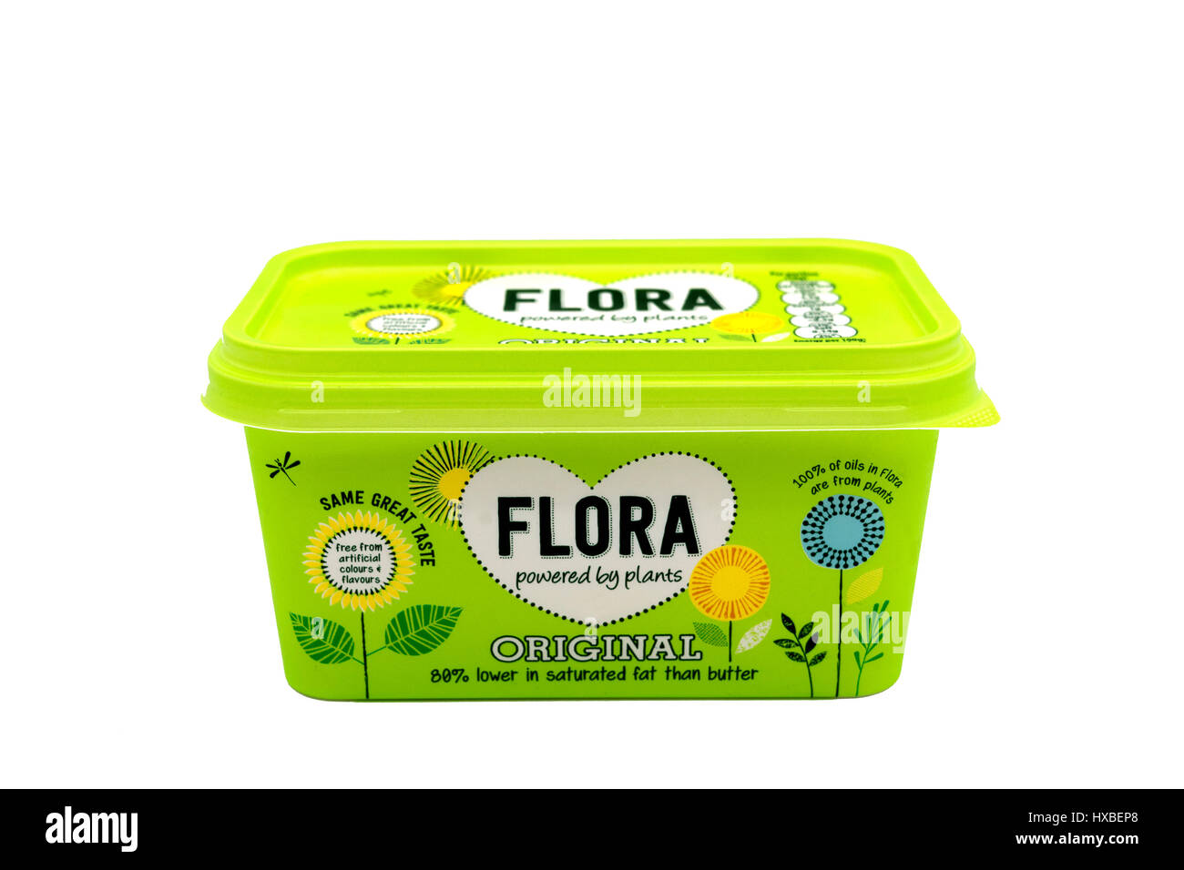 Flora-Margarine auf weißem Hintergrund Stockfoto