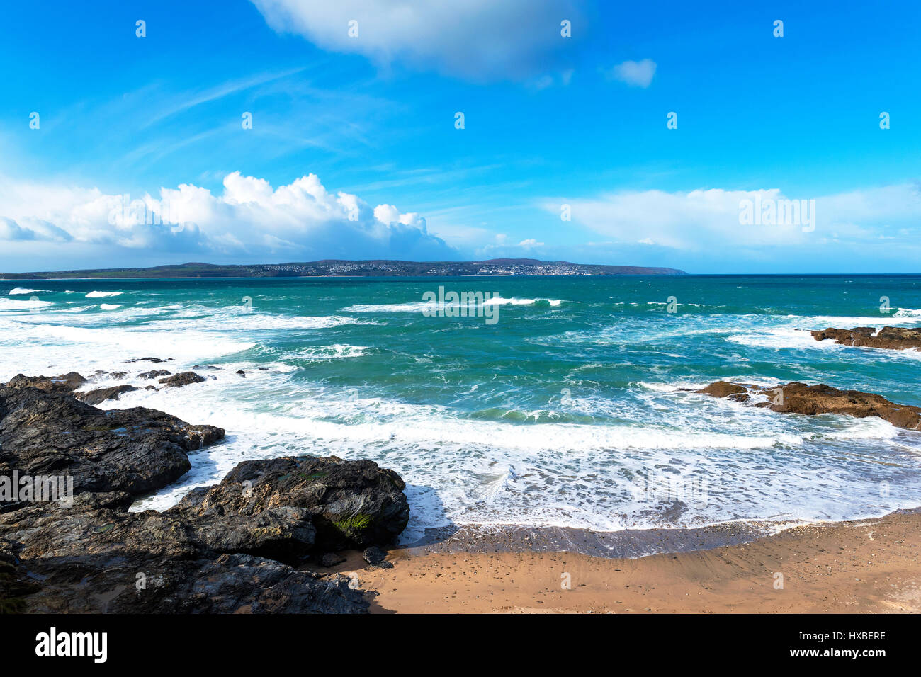 St.Ives Bucht gesehen von Godrevy in Cornwall, England, UK Stockfoto