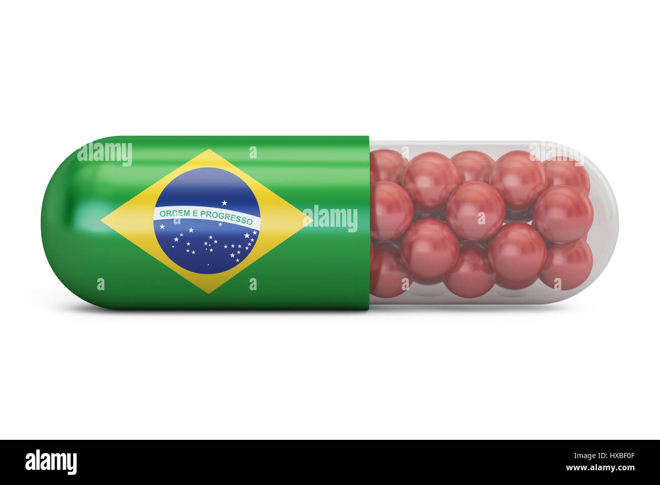 Pille-Kapsel mit Brasilien-Flagge. Brasilianisches Gesundheitswesen Konzept, 3D rendering Stockfoto