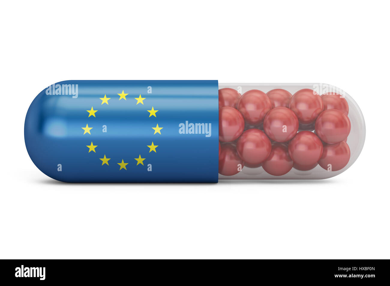 Pille-Kapsel mit EU-Flagge. Europäischen Union Gesundheitswesen Konzept, 3D rendering Stockfoto