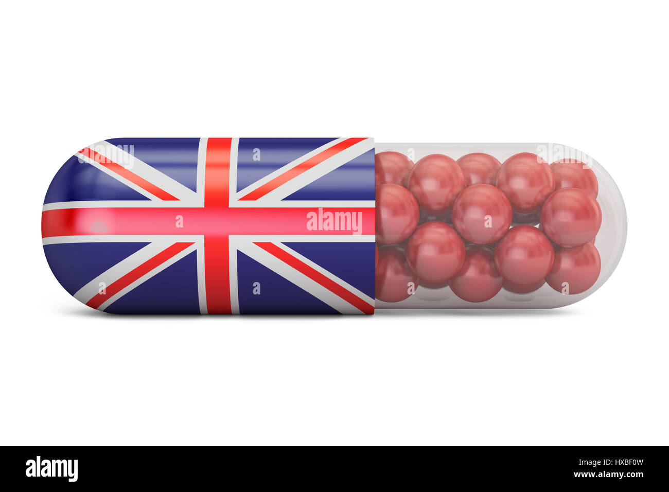 Pille-Kapsel mit Großbritannien Flagge. UK health care Konzept, 3D rendering Stockfoto