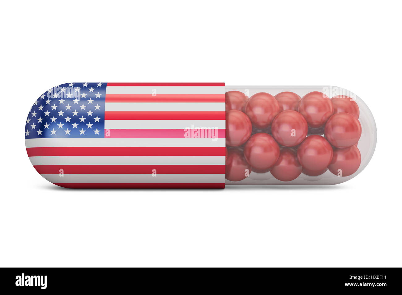 Pille-Kapsel mit USA-Flagge. US Health care Konzept, 3D rendering Stockfoto