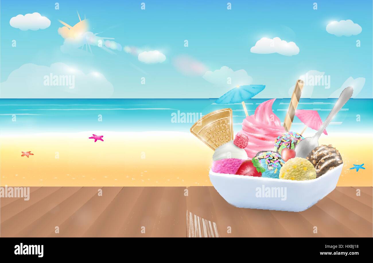 Satz von echter Schokolade Zitrone Mango Erdbeeren und Minze-Eis auf einen Teller mit Meer Strand Hintergrund Stock Vektor