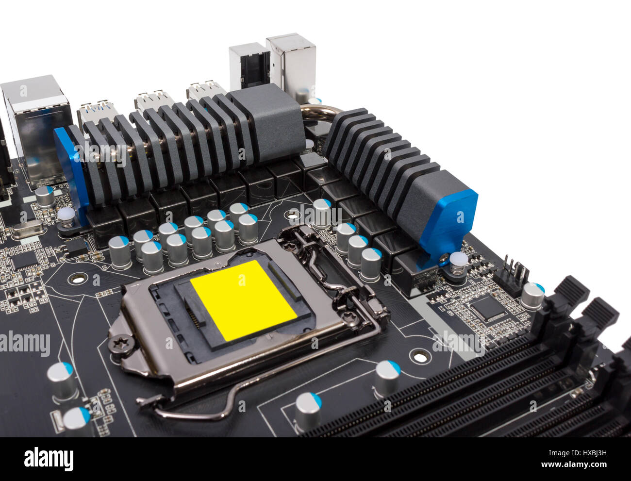 Mehrphasigen Power System moderner Prozessor mit Kühlkörper und der CPU-Sockel Stockfoto