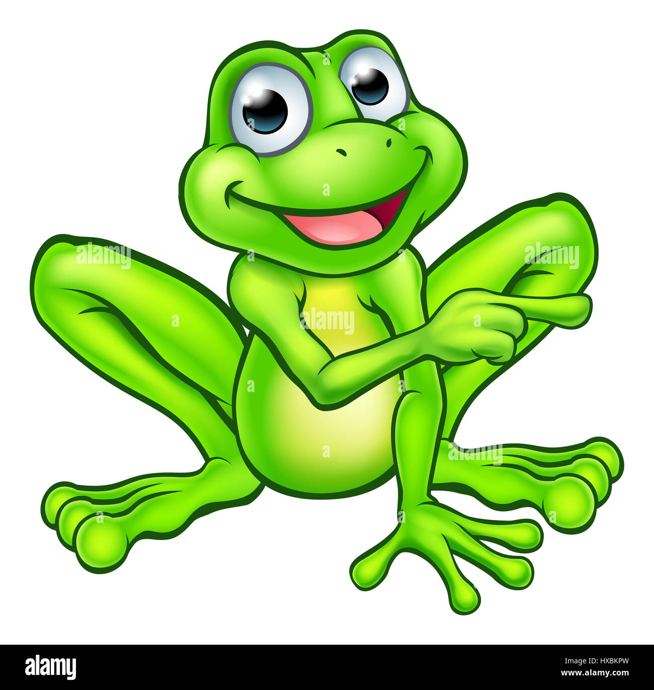 Ein Frosch Maskottchen Zeichentrickfigur zeigen mit dem finger Stockfoto