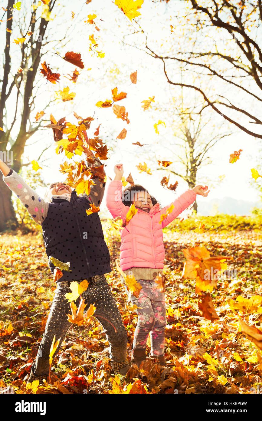 Verspielte Schwestern werfen Herbstlaub im sonnigen Wald Stockfoto