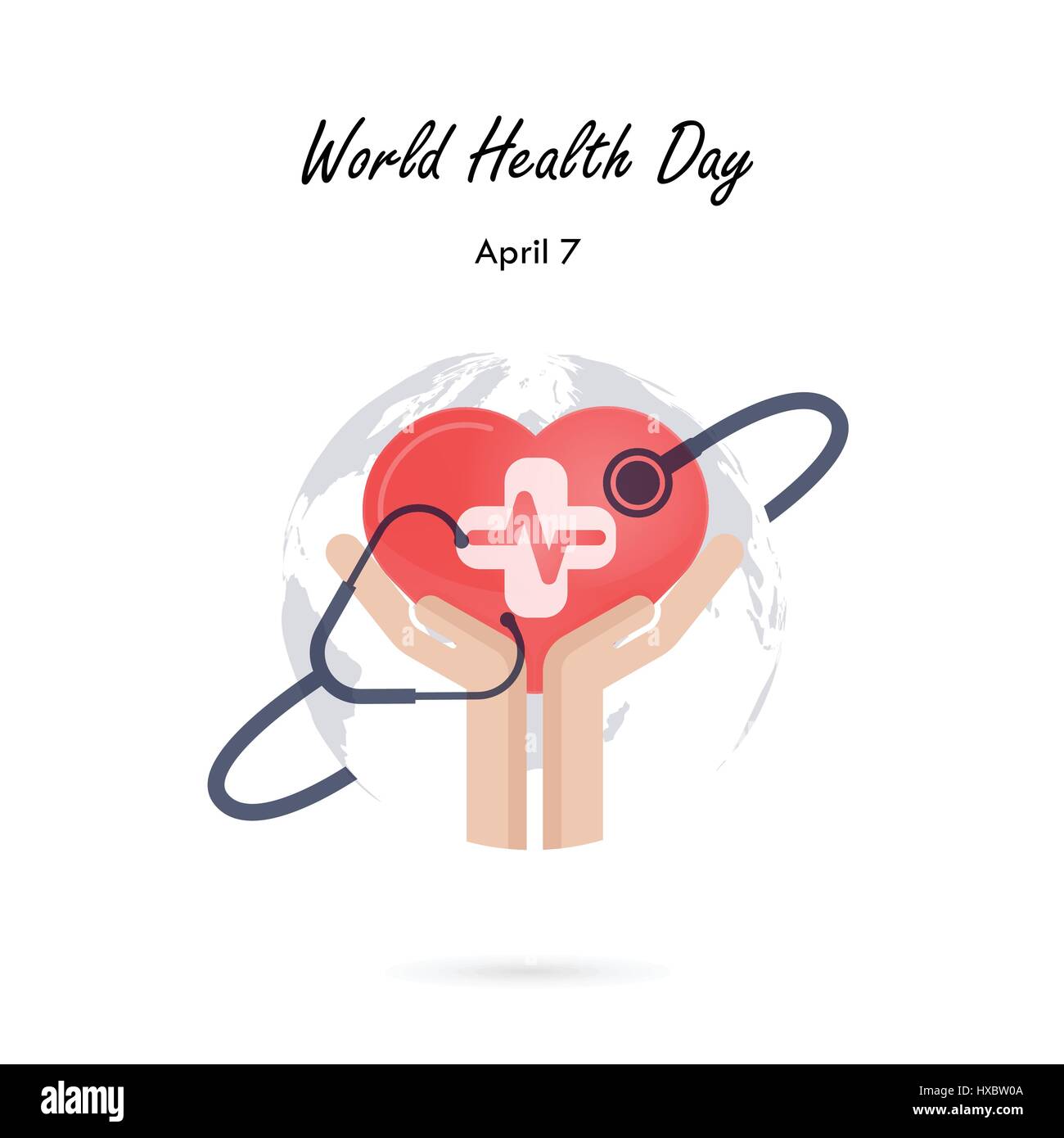 Globus-Zeichen, menschliche Hand und Stethoskop Symbol mit Herz-Form-Vektor-Logo-Design-Vorlage. Welt-Gesundheitstag-Symbol. World Health Day Idee Kampagne Konzept f Stock Vektor