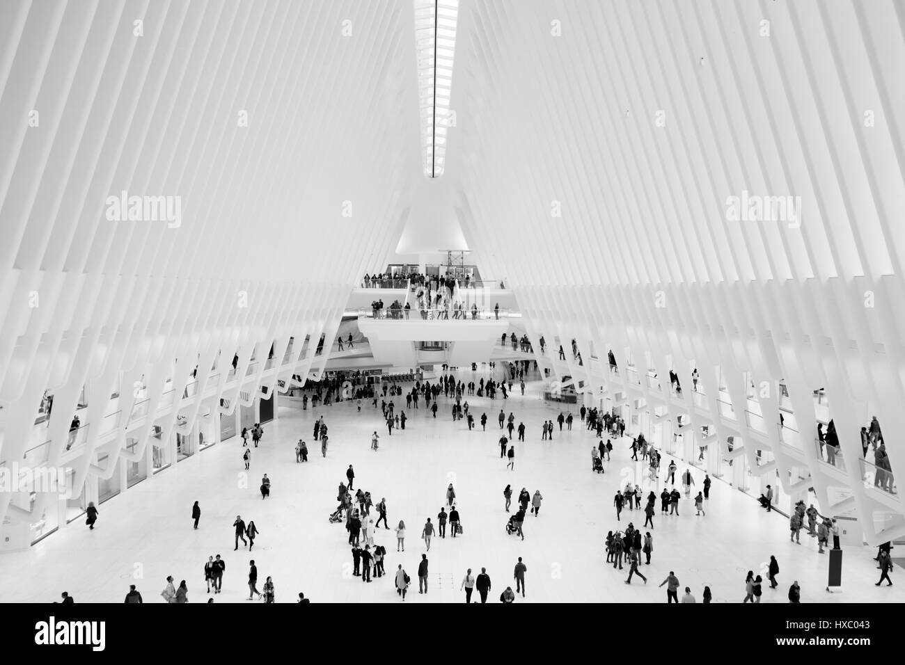 NEW YORK CITY - 1. Oktober 2016: Innenansicht der Oculus, Santiago Calatrava elegant und modern Transportation Center und Shopping Mall.  Fulton Street Stockfoto