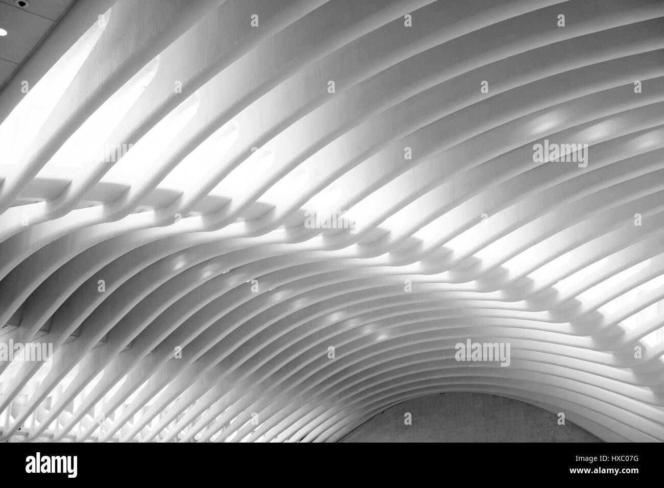 NEW YORK CITY - 1. Oktober 2016: architektonische Details der Decke das Oculus, Santiago Calatrava moderne u-Bahnstation in Lower Manhattan. Blac Stockfoto