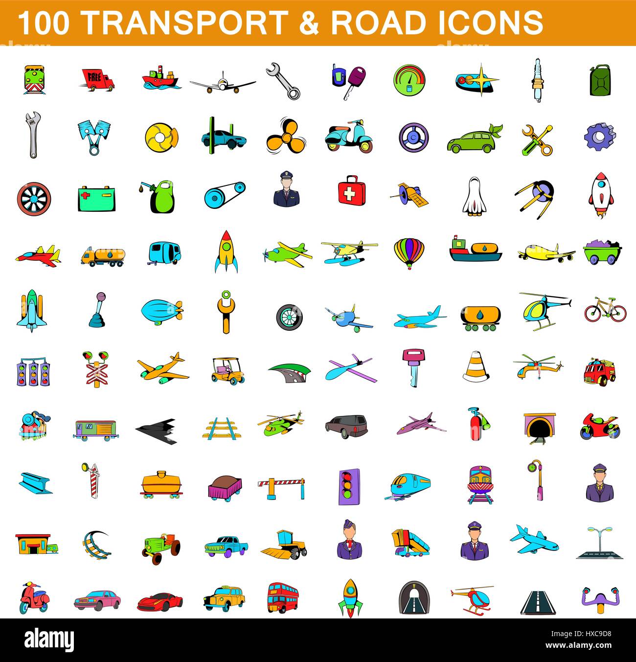 100 Transport Icons set, cartoon-Stil Stock Vektor
