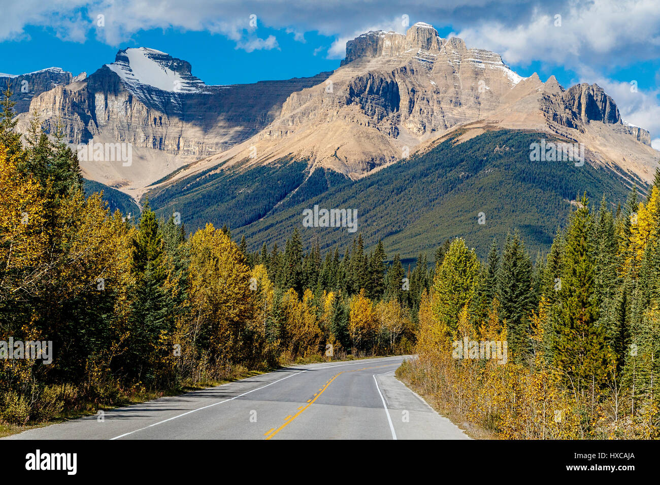 In Richtung Norden durch die Rockies auf dem Icefields Parkway im Banff National Park in Richtung Jasper, Alberta, Kanada. Stockfoto