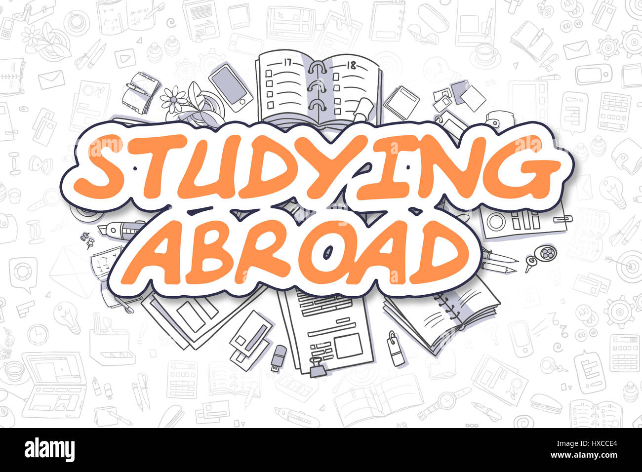 Studieren im Ausland - Doodle Orange Text. Business-Konzept. Stockfoto