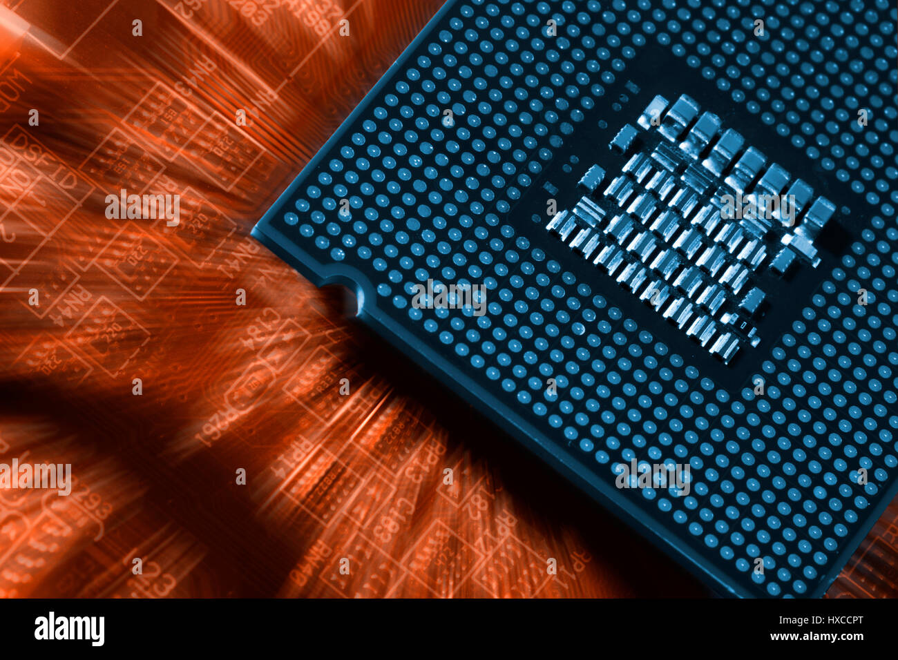 großen Wafer-Chip auf einem Computer Motherboard, leichten Zoom-Wirksamkeit Stockfoto