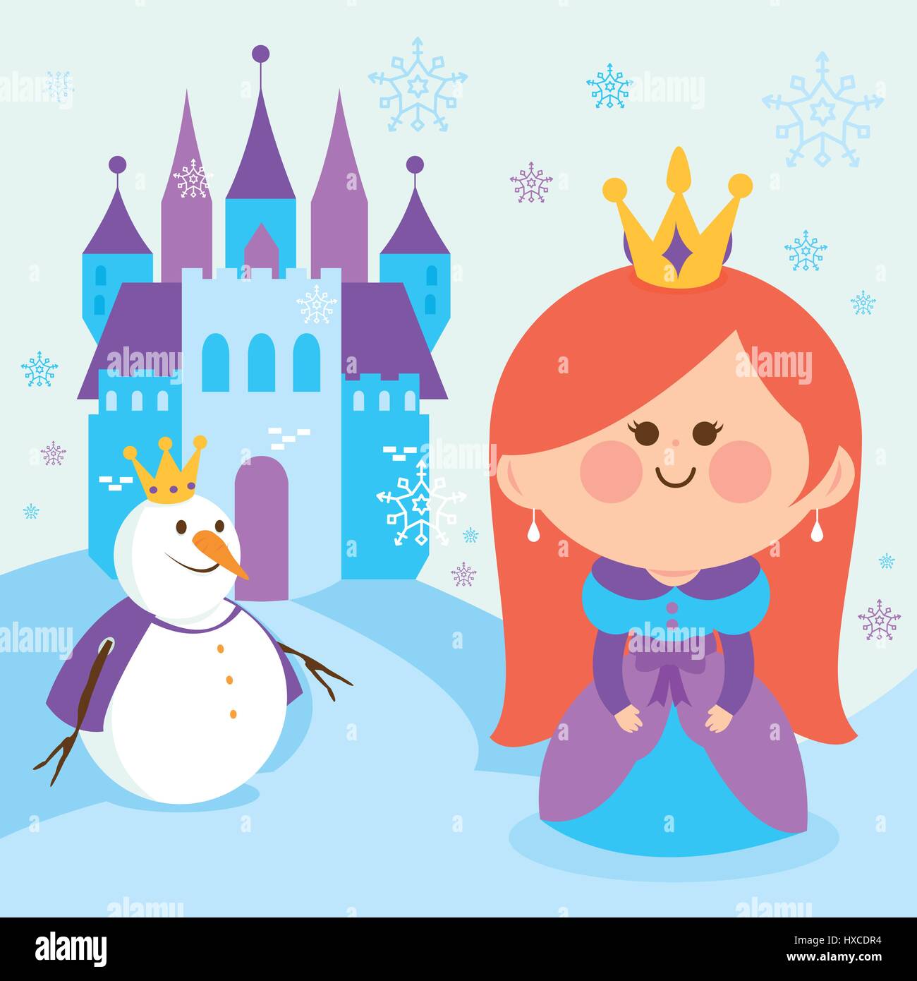 Niedliche Prinzessin in eine Schneelandschaft mit einer Burg und einen Schneemann. Stock Vektor
