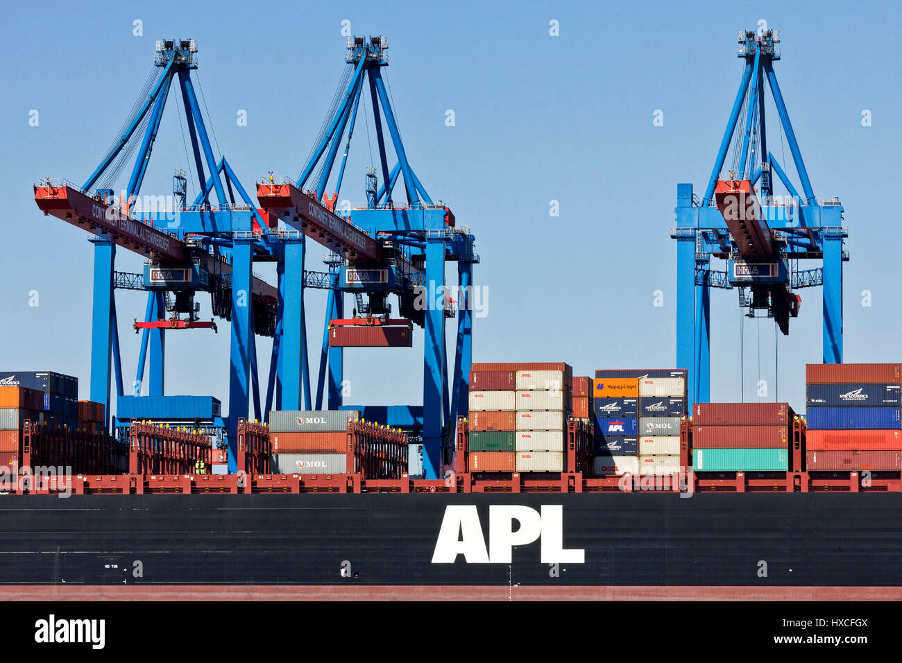 Containerbrücken im Containerterminal Altenwerder im Hamburger Hafen, Container im Container-terminal im Hafen von Hamburg Al Brücken Stockfoto