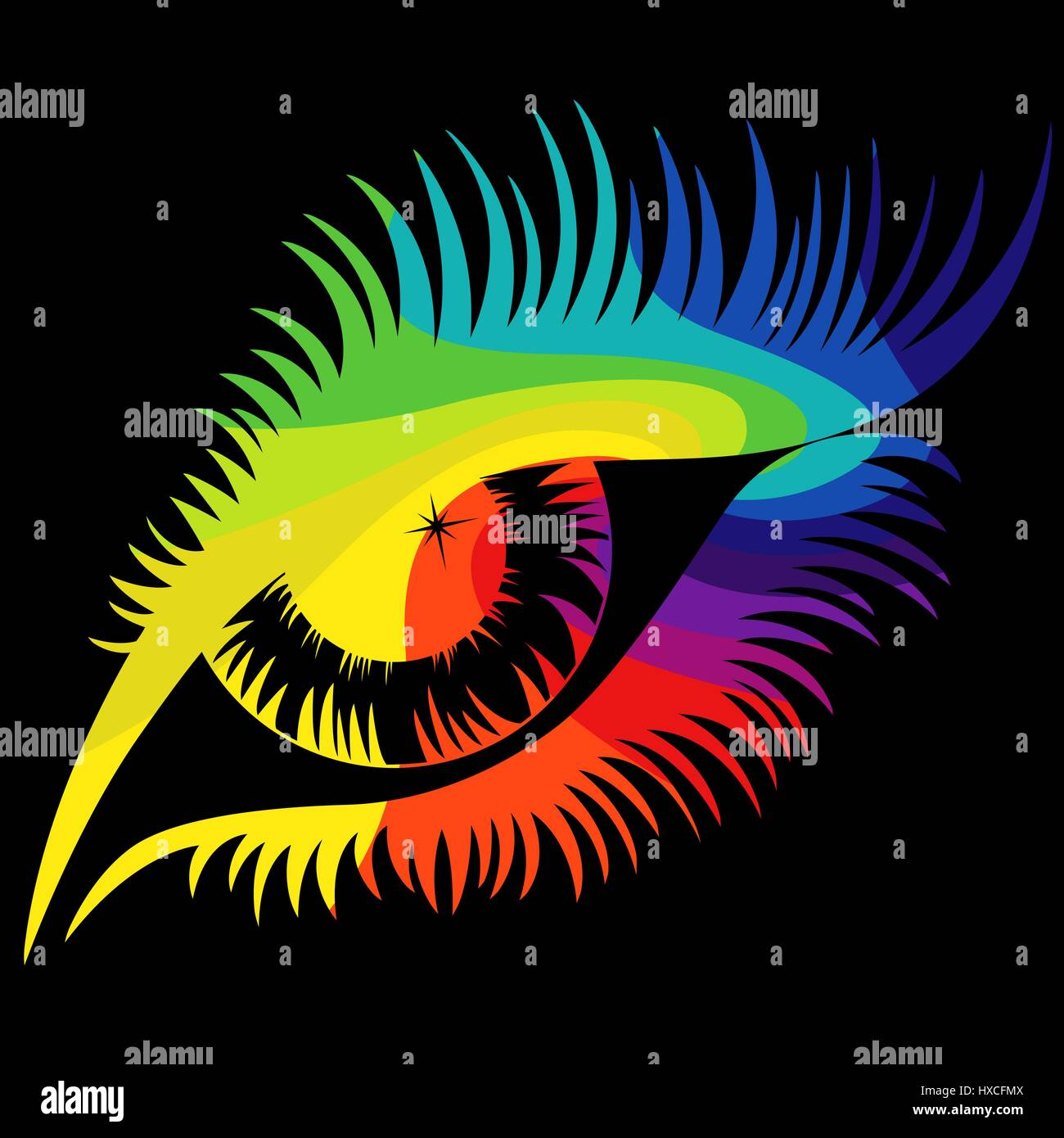 Menschliche Auge im Spektrum Farben Nahaufnahme isoliert auf dem schwarzen Hintergrund, Vektor-illustration Stock Vektor