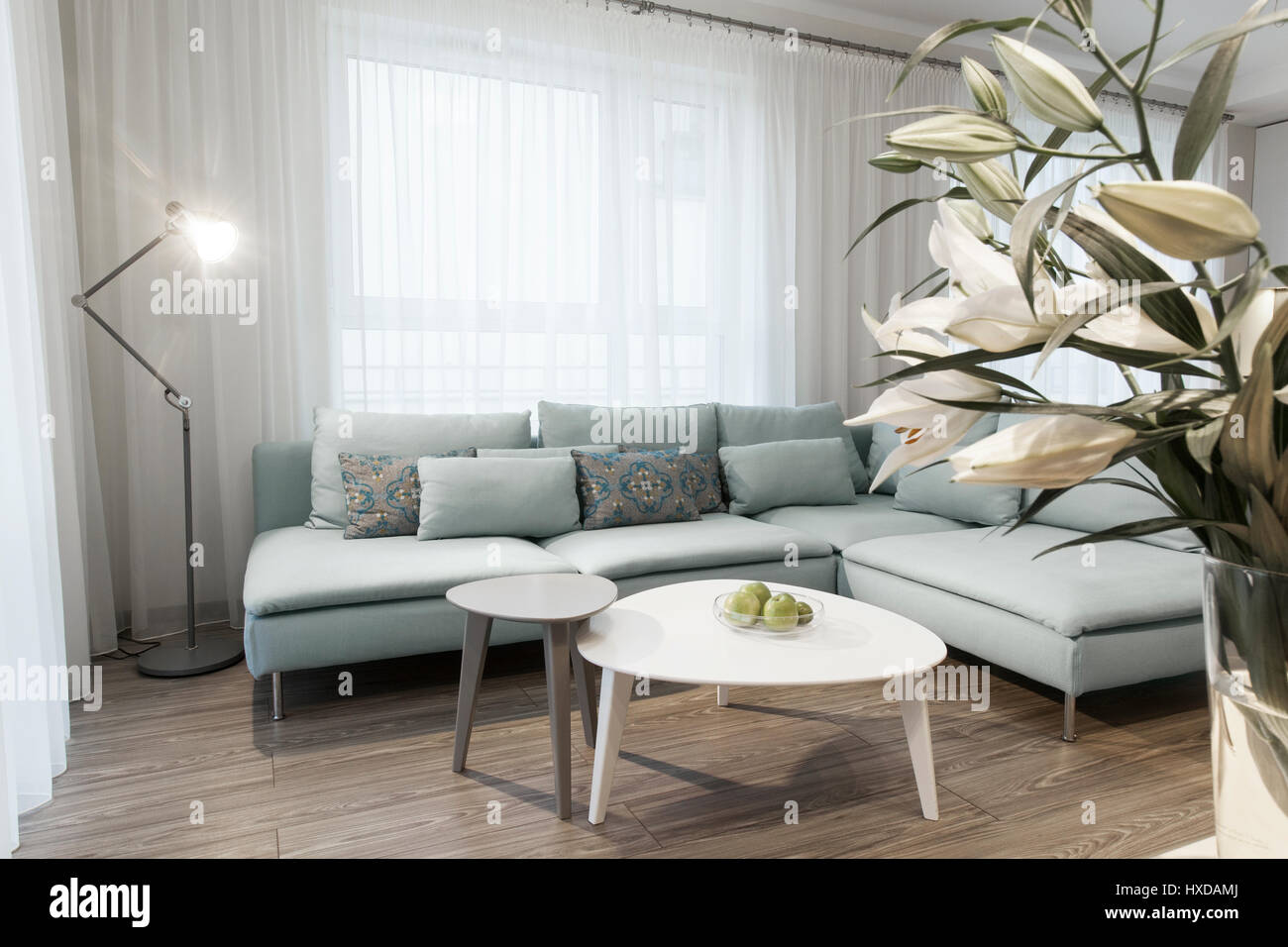 Modernes Interieur eine kleine private Wohnung, Wohnzimmer, Sofa und Tabellen Stockfoto