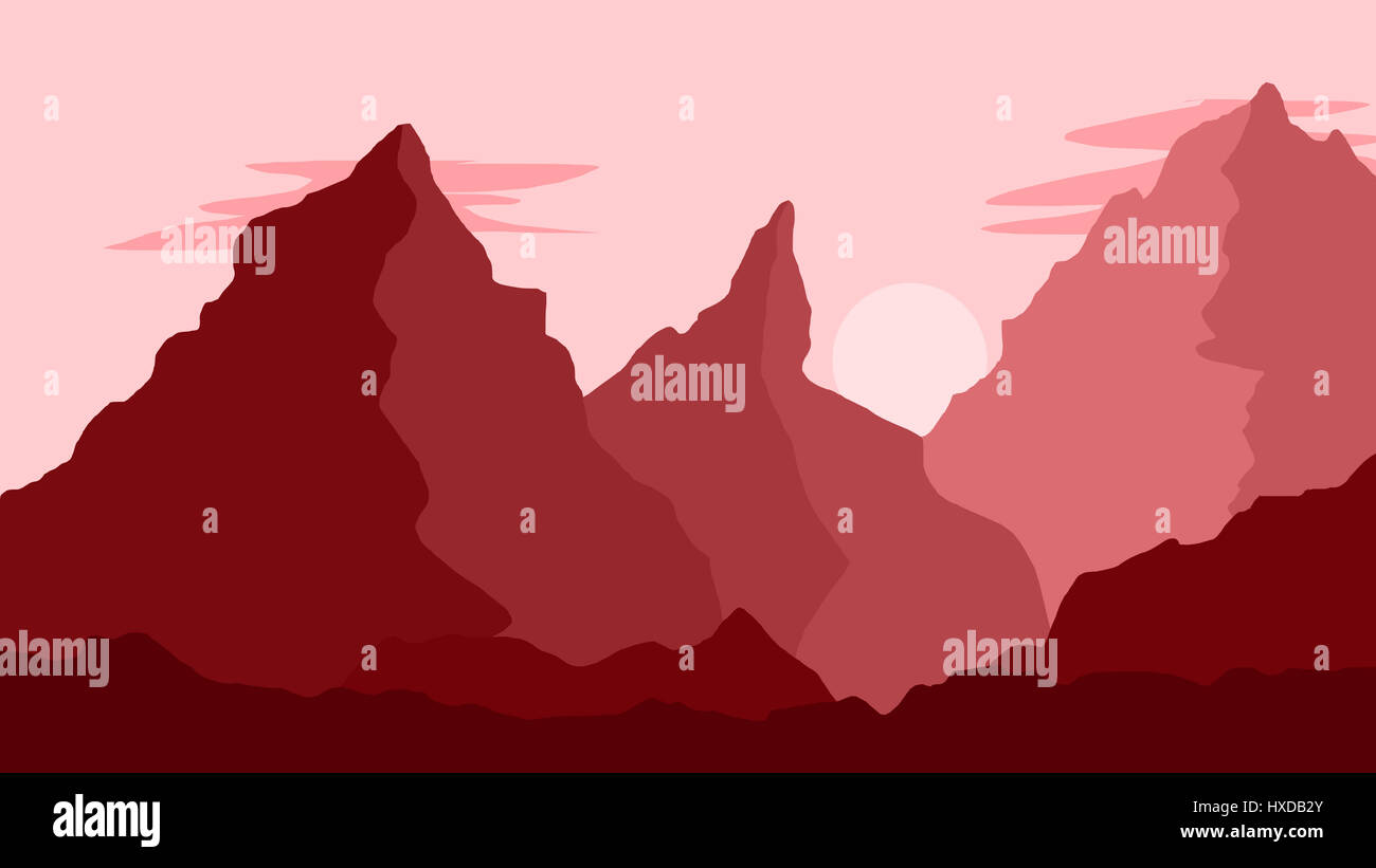 Berg-Landschaft-Illustration mit Sonnenaufgang Sonnenuntergang und Farbüberlagerung Stockfoto