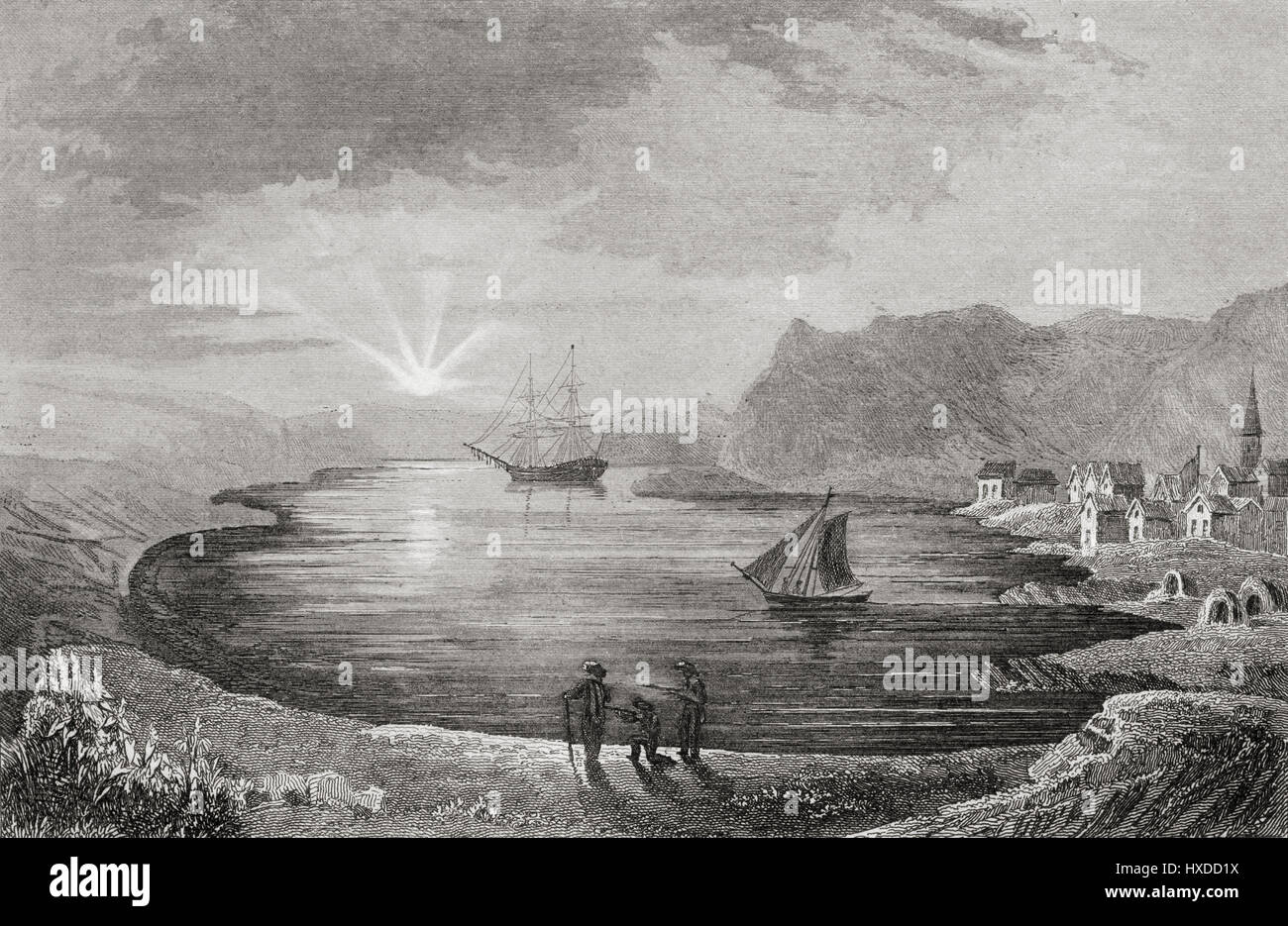 Norwegen, Maasöe, der nördlichste Hafen in der Nähe von Cape North während der Mitternachtssonne. 19. Jahrhundert Stahlstich von Lemaitre Direxit und Cholet. Stockfoto