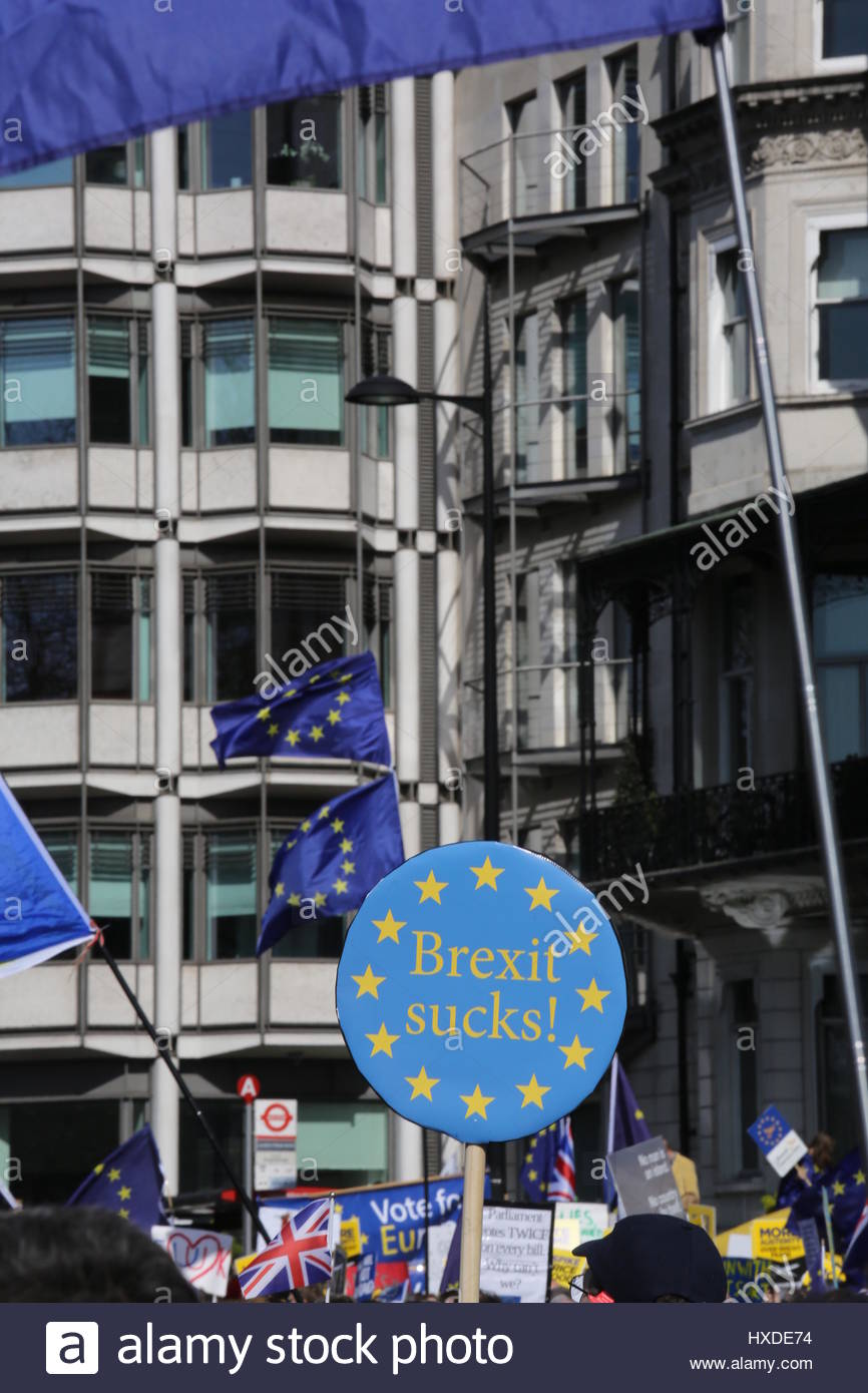 Eine Reihe von Fahnen und Banner über der Masse in London vier Tage vor der Auslösung des Artikels 50 Stockfoto