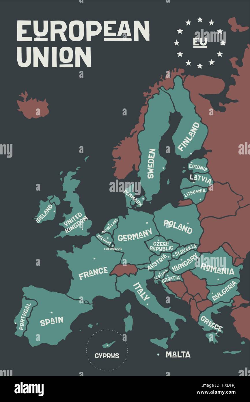 Poster-Karte der Europäischen Union mit Ländernamen Stock Vektor