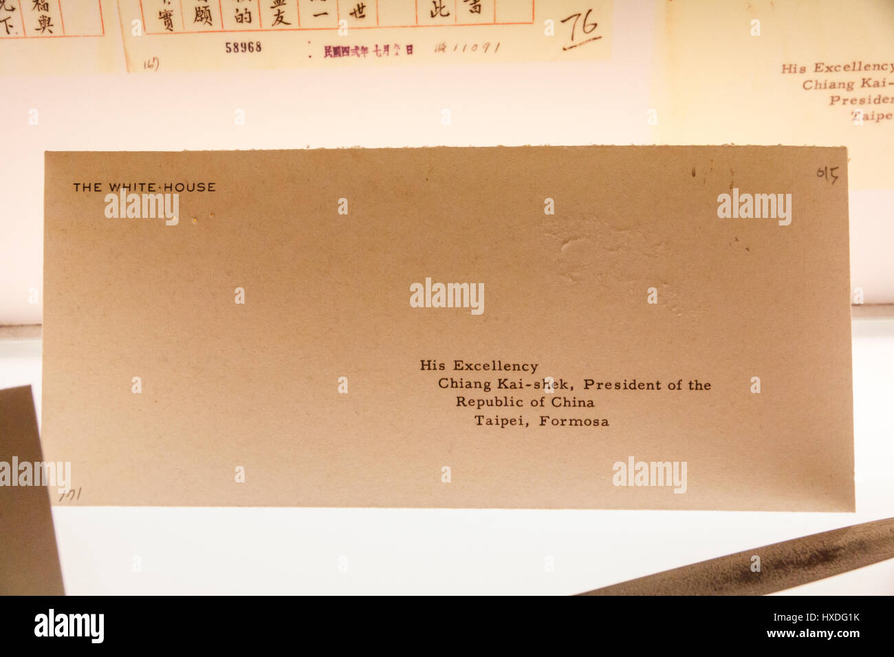[Nur zur redaktionellen Verwendung] TAIWAN, TAIPEI CITY: Umschlag eines Briefes von US-Präsident Eisenhower an den Präsidenten der Republik China Chiang Kai-shek Stockfoto