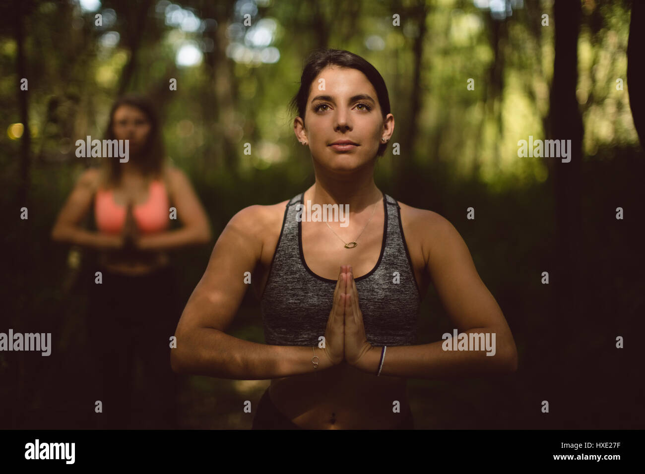 Schöne Frauen Yoga im Wald Stockfoto