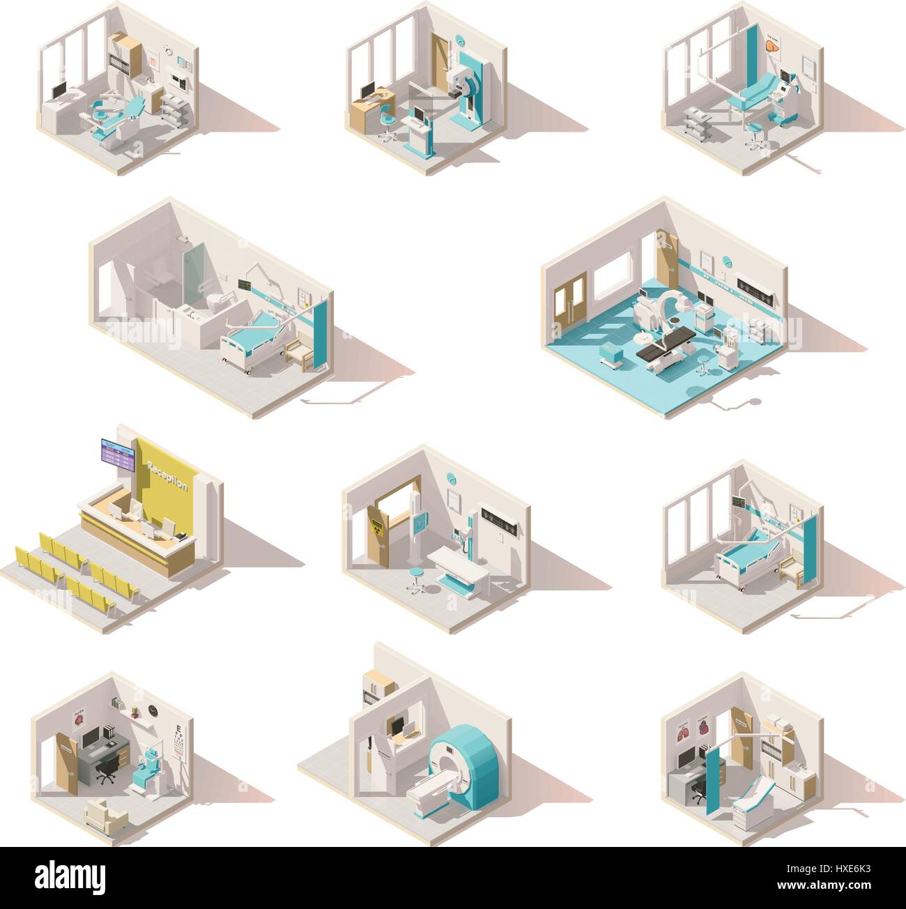Vektor-isometrische low-Poly-Krankenzimmer Stock Vektor