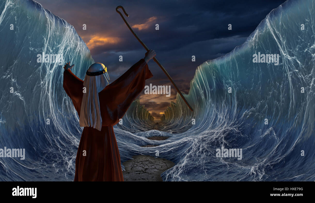 Moses Exodus Route. Überquerung des Roten Meeres. Teil der biblischen Erzählung - Israeliten zu entkommen. Große Wellen als offenen Ozean unter den dramatischen Himmel. 3D-Render il Stockfoto