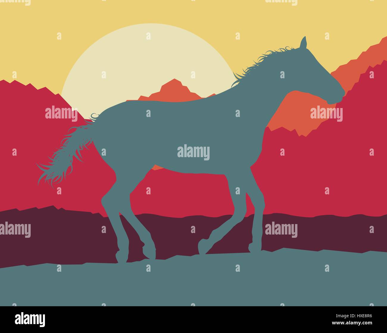 Pferd wilden Berglandschaft mit Sonnenuntergang Vektor Hintergrund Stock Vektor
