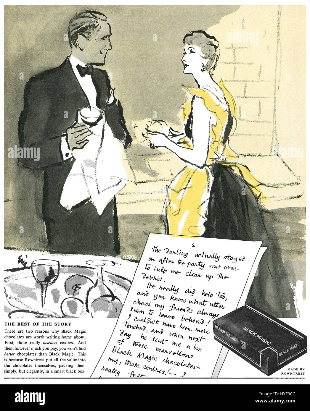 1953 britische Werbung für Rowntrees Schwarzmagie Pralinen. Stockfoto