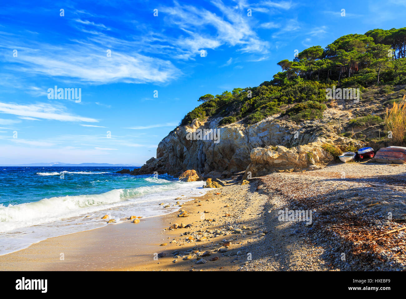 Insel Elba, Portoferraio Sansone la Sorgente Strandküste. Toskana, Italien, Europa. Langzeitbelichtung. Stockfoto