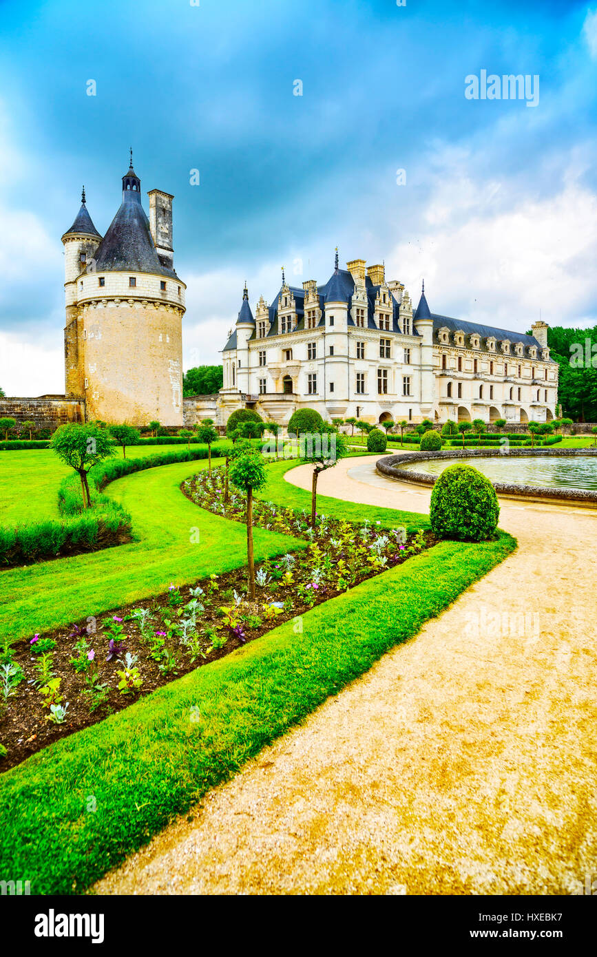 Chateau de Chenonceau mittelalterlichen französischen Königsburg und Garten. Chenonceaux, Loiretal, Frankreich, Europa. UNESCO-Weltkulturerbe. Stockfoto