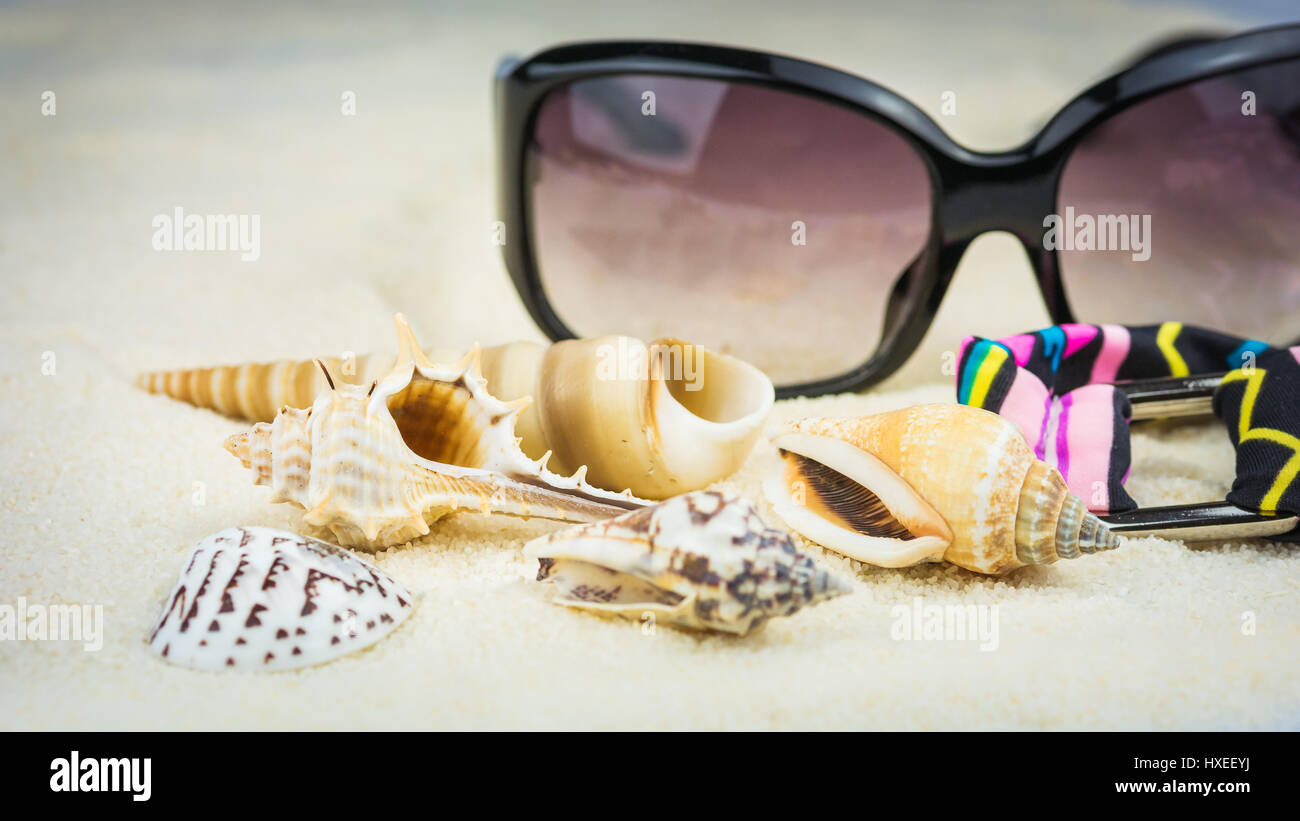 Sommer-Urlaub-Thema mit Muscheln, Sonnenbrille und Badeanzug mit ethnischen Ornament am Sandstrand Stockfoto