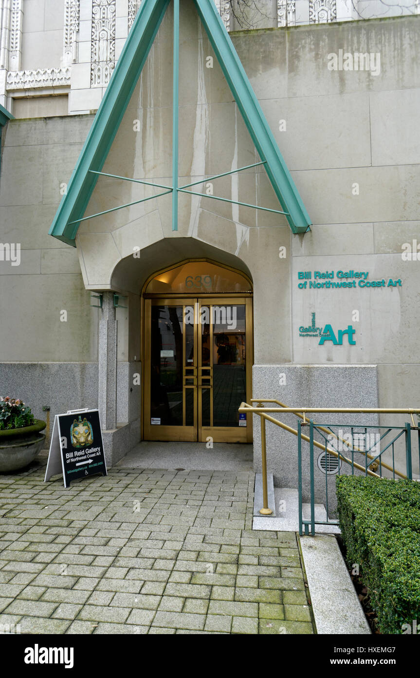 Eingang zu den Bill Reid Northwest Coast Kunstgalerie in der Innenstadt von Vancouver, British Columbia, Kanada Stockfoto