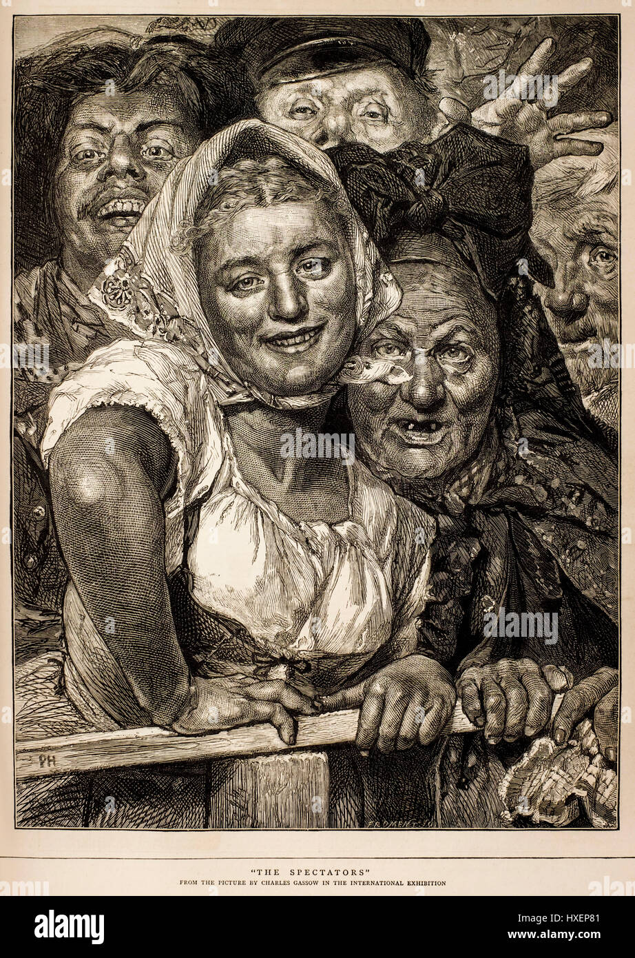 1874 antike viktorianische Darstellung "der Zuschauer" nach einem Gemälde von Charles Gassow aus "The Graphic" Wochenzeitung Stockfoto